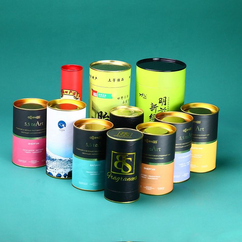 Wholesale Custom Eco Friendly Tea Packaging Cylinder Round Paper Tube Packaging for Tea with Metal Lids biodegradable material custom design round paper tube packaging box for loose tea coffee bean (copy)